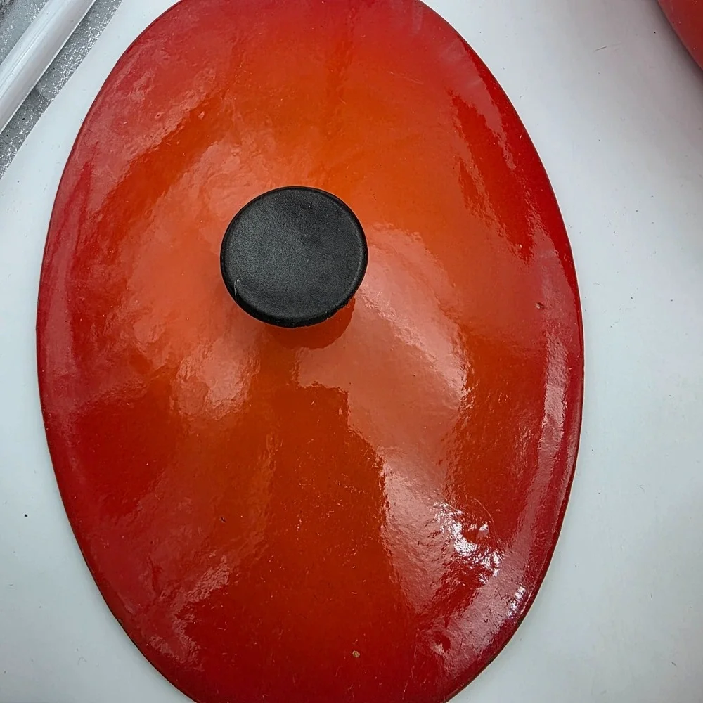 Vintage Unbranded #16 Pan, skillet, Casserole Flame Orange Enamel Cast Iron 70s?